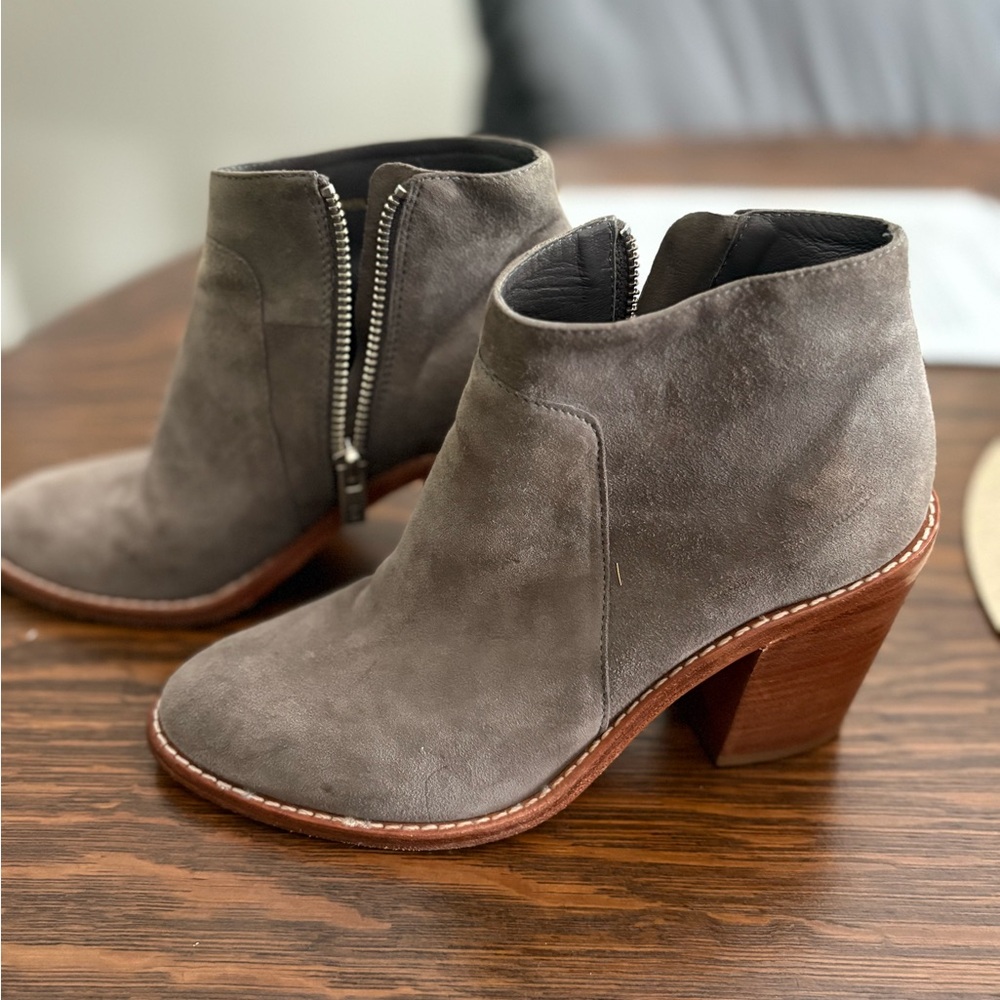 Gray Suede Ankle Boots with Wooden Heel